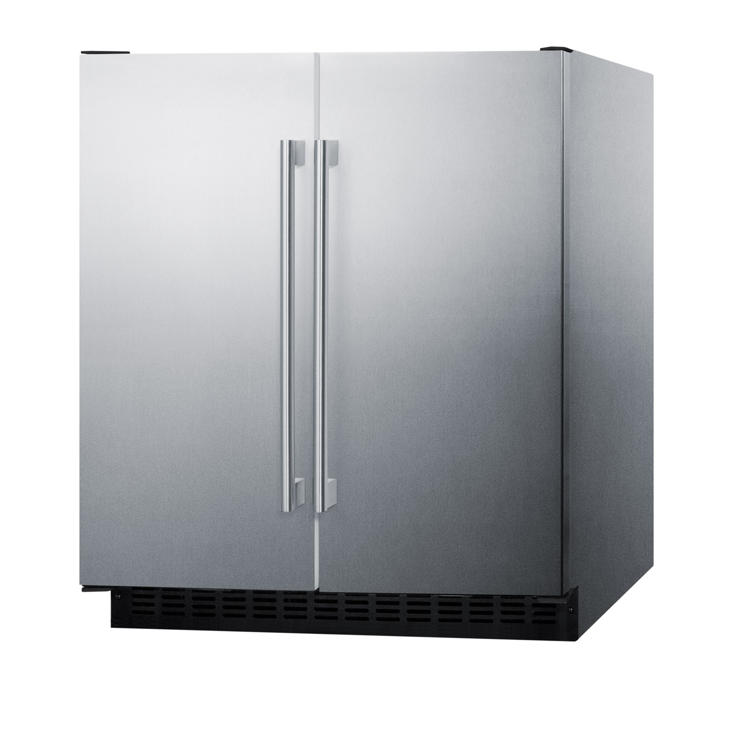 Frost-free side-by-side refrigerator-freezer for built-in or freestanding use wrapped stainless steel exterior, door storage, and digital controls